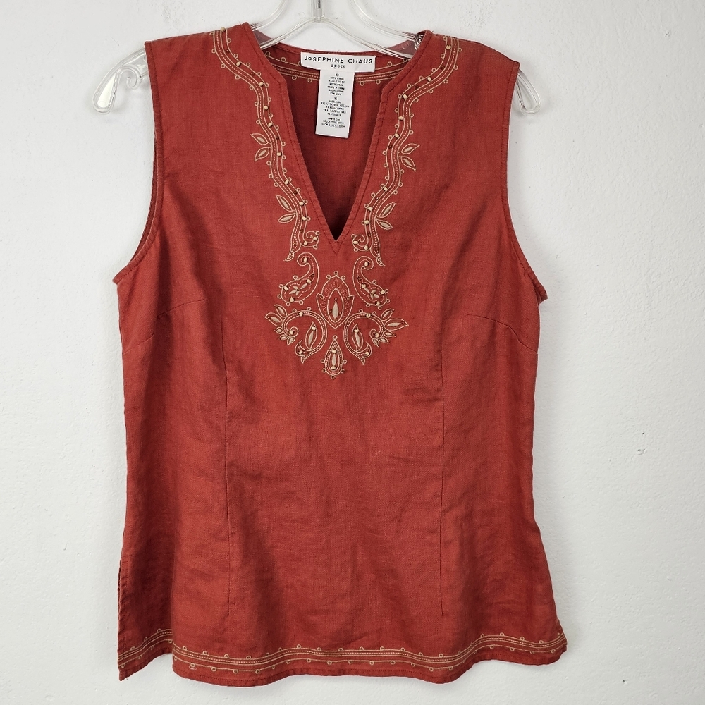 Josephine Chaus Top Blouse Rust Linen Sleeveless Embroidered Side Zip Sz 10